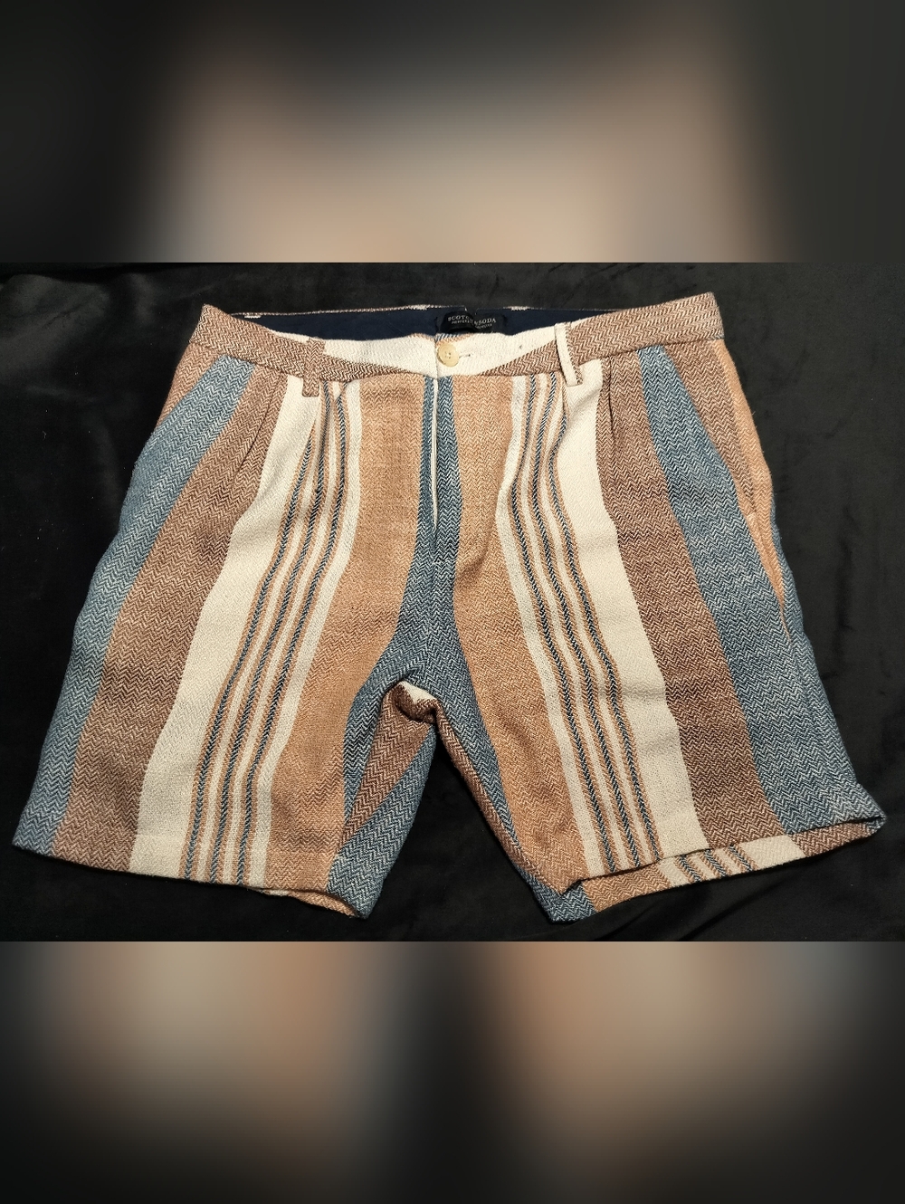 NEW Scotch & Soda Brown Blue & Cream Bermuda Striped Pleated Shorts - Size 32